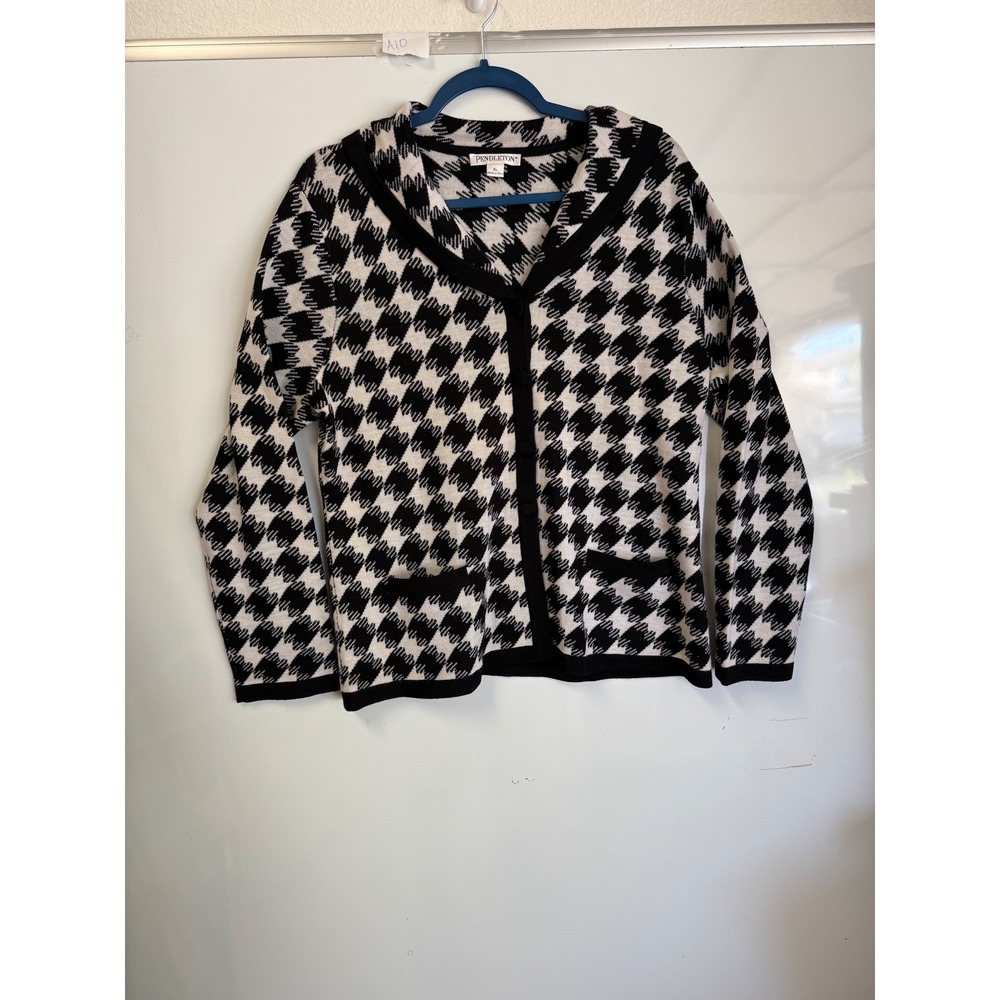 Pendleton Merino Wool Cardigan Sweater Womens XL Houndstooth Shawl Collar Black